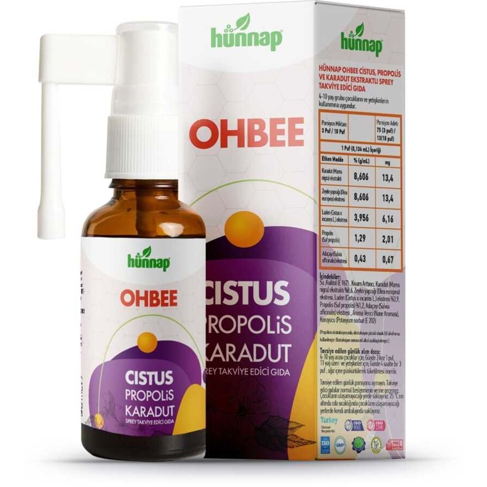 Hünnap Ohbee Cistus, Propolis Ve Karadut Ekstraktlı Sprey 30 mL