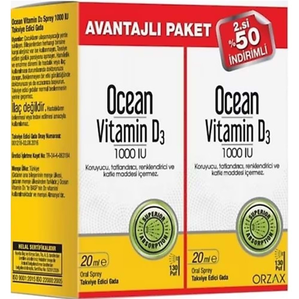 Ocean Vitamin D 1000IU Sprey 20ml 2Lı Paket 2.%50 İnd.