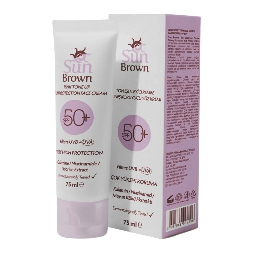 Sun Brown Ton Eşitleyici Pembe SPF50+ Güneş Koruyucu Yüz Kremi 75 mL