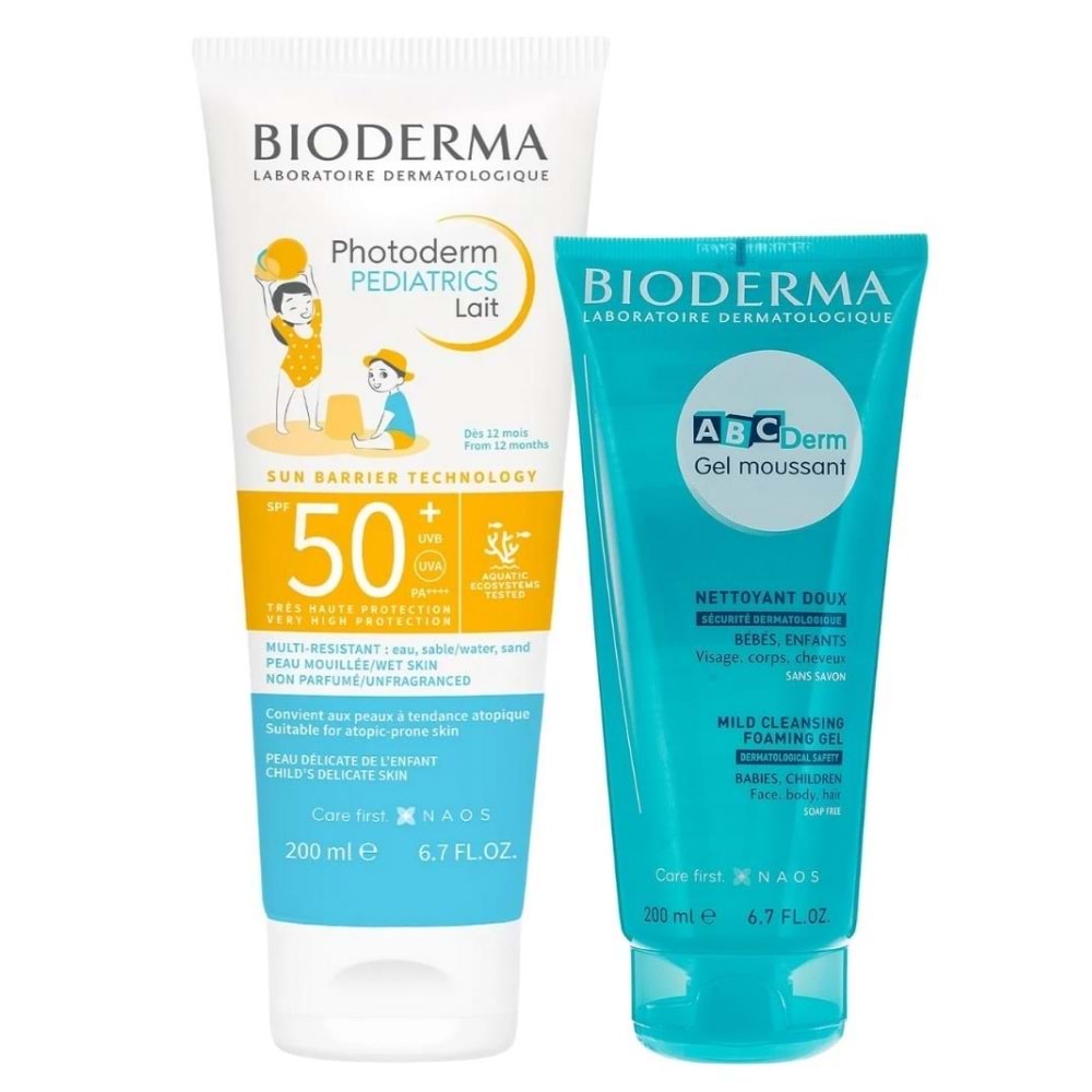 Bioderma Photoderm Pediatrics Lait SPF50+ 200 mL Çocuk Güneş Kremi + ABC Derm Gel Moussant 200 mL Kofre Set