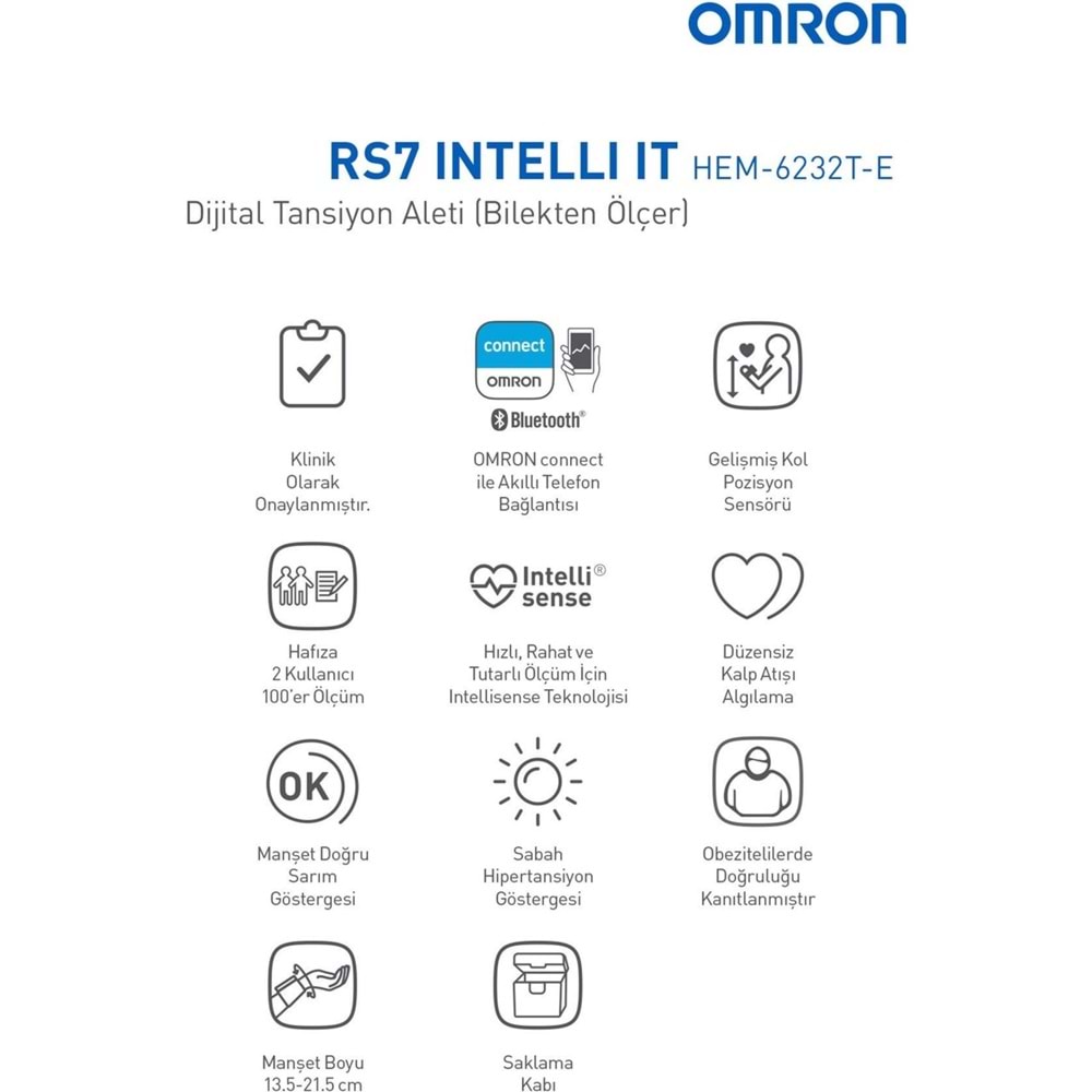 Omron RS7 Bilek Tipi Tansiyon Aleti, 2x 100 Ölçüm Hafızalı, Omron Connect Uyumlu