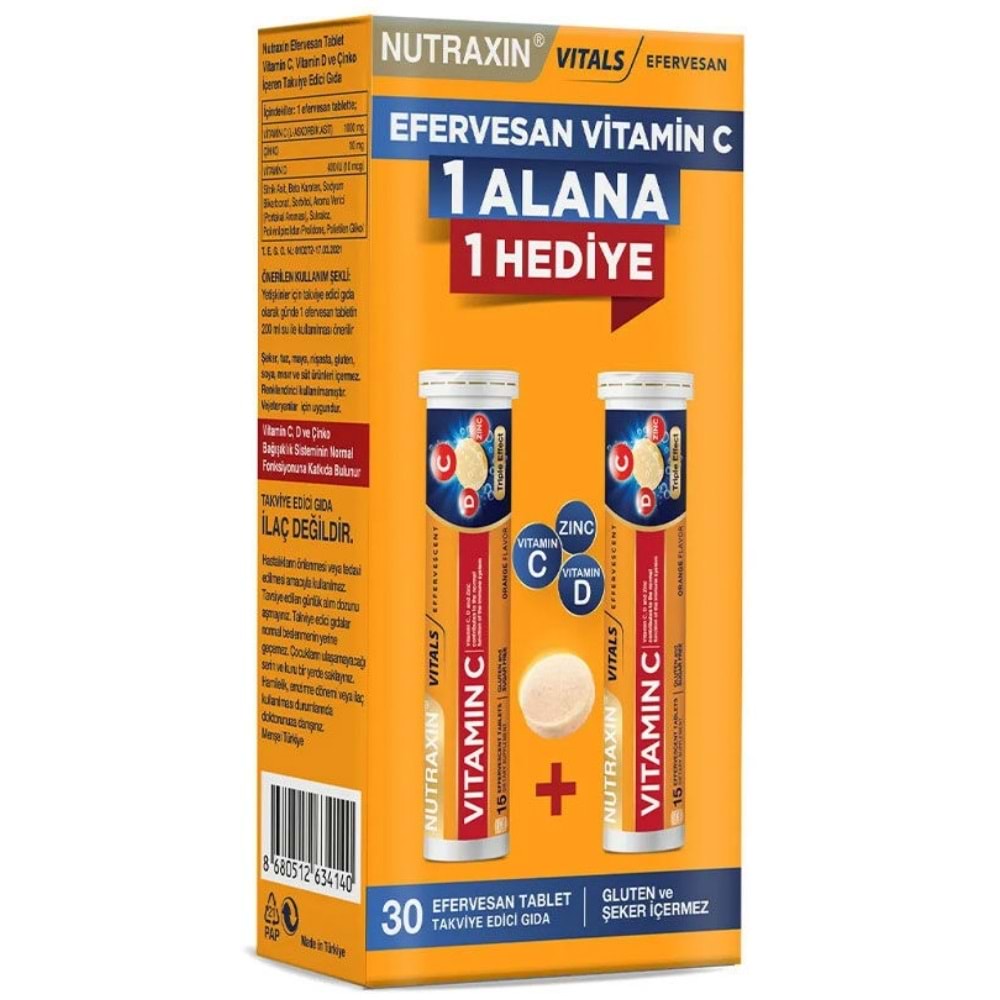 Nutraxin C, D Vitamini ve Çinko içeren 15 Efervesan Tablet - 1 Alana 1 Bedava
