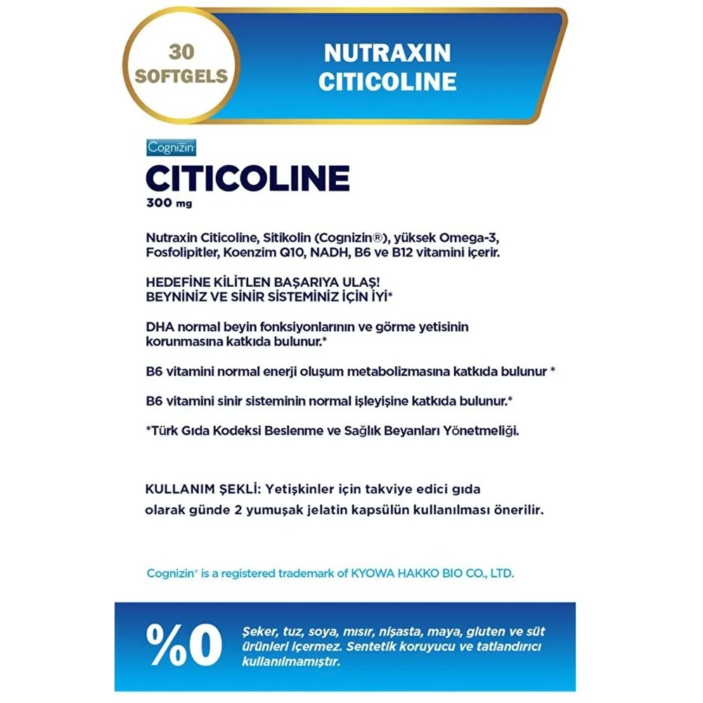 Nutraxin Sitikolin Takviye Edici Gıda 300Mg 30 Yumuşak Kapsül