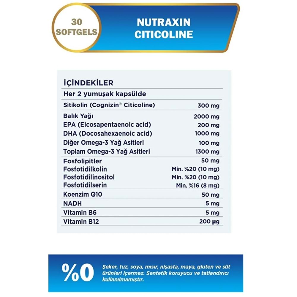 Nutraxin Sitikolin Takviye Edici Gıda 300Mg 30 Yumuşak Kapsül