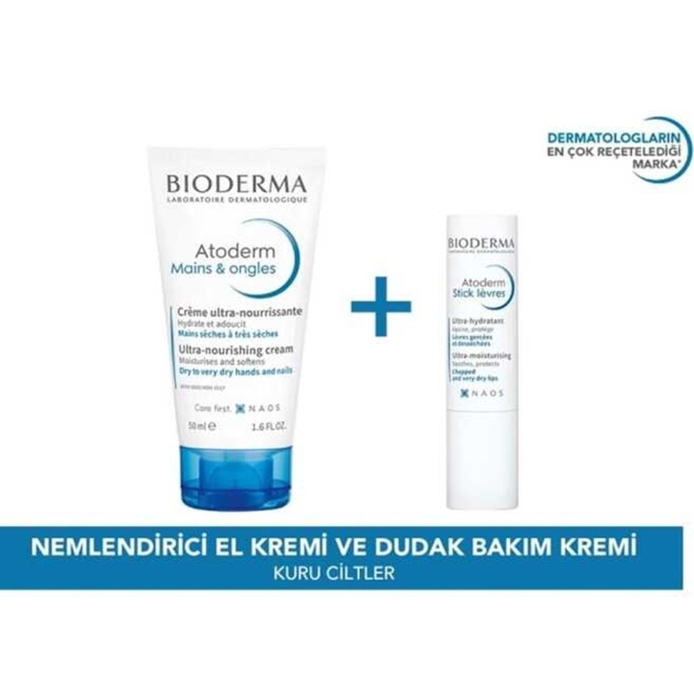 Bioderma Atoderm Mains Ongles El Kremi 50Ml+ Atoderm Stick Levres 4g Set