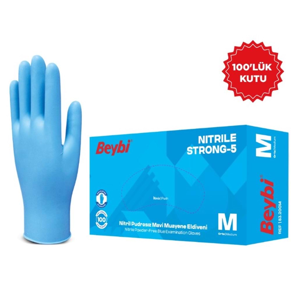 Beybi Nitril Eldiven Mavi Kalın Lüks Pudrasız Medium 100Lü