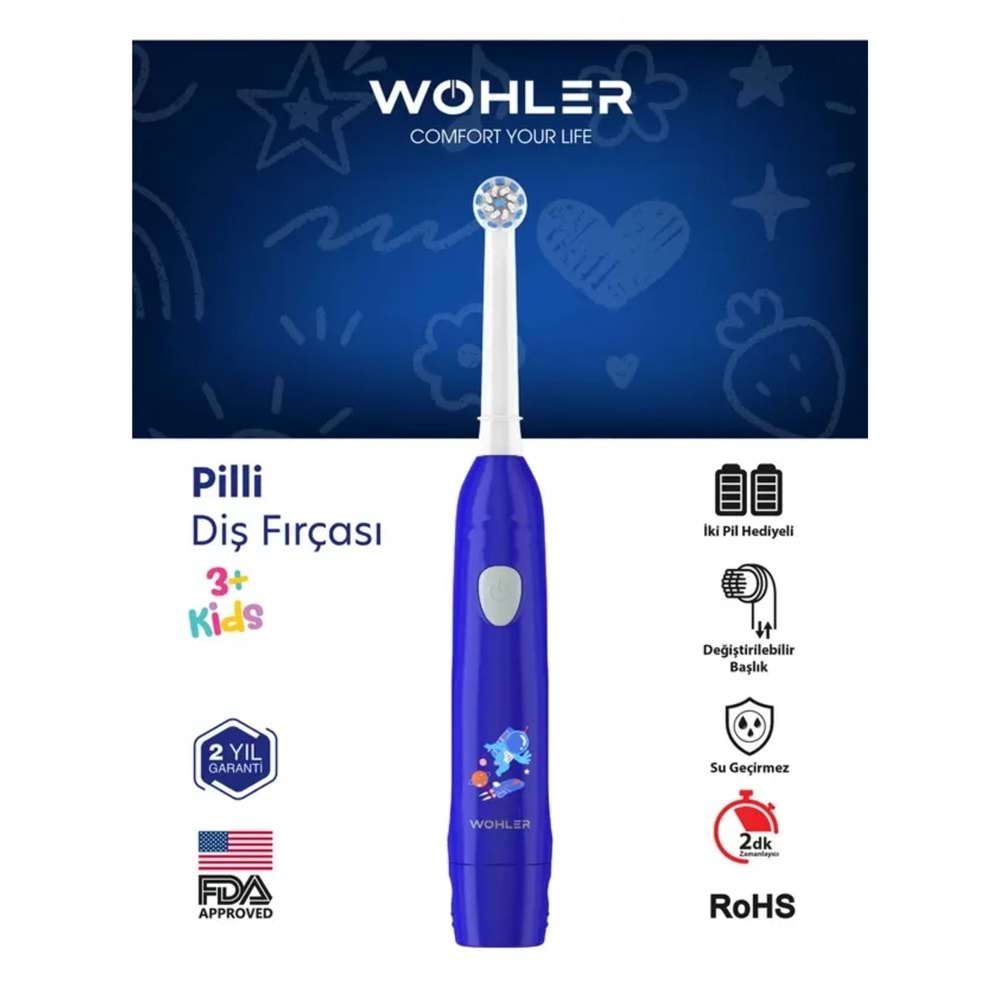 Wohler Erkek Çocuk Diş Fırçası 3+ Yaş, Pilli, FDA Onaylı