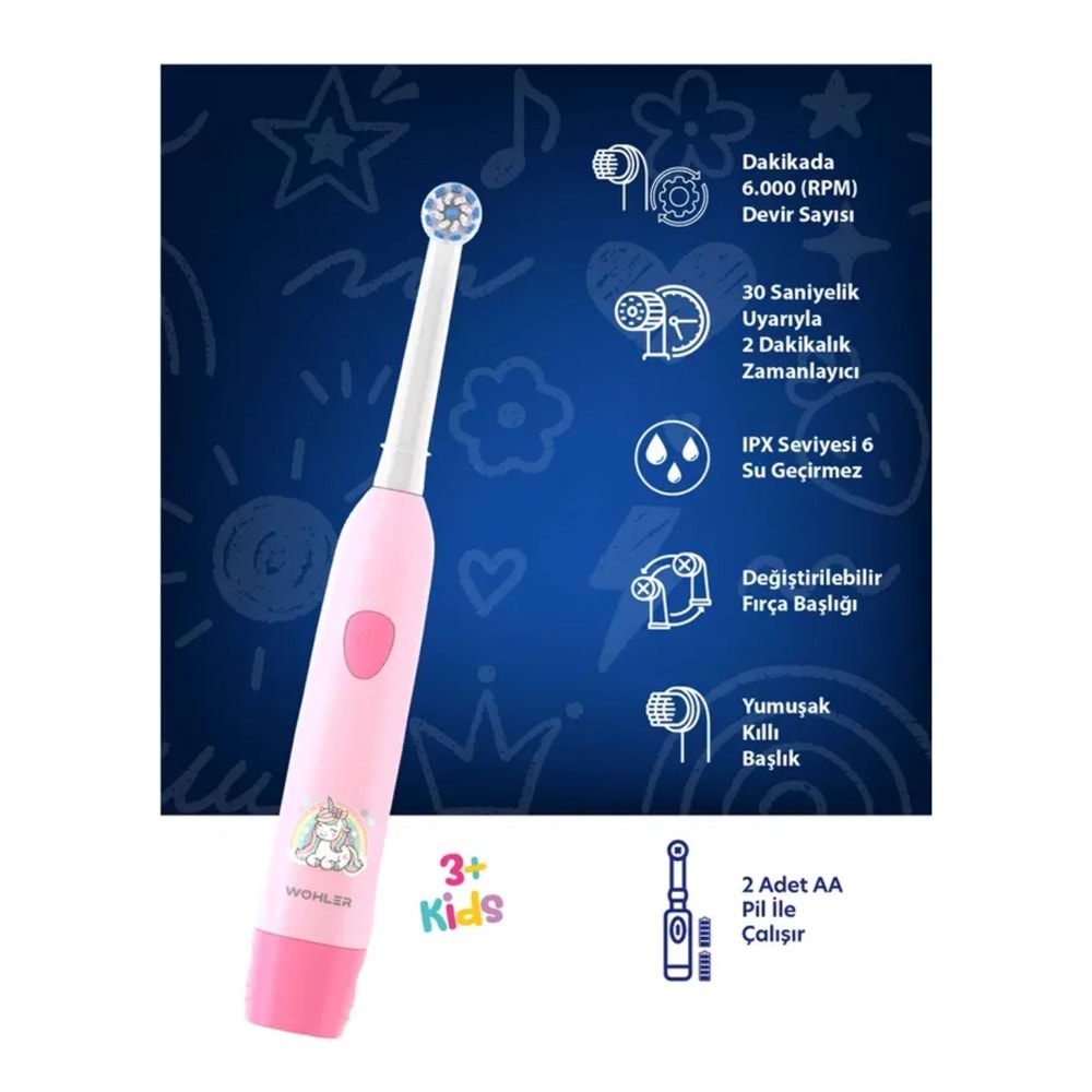 Wohler Kız Çocuk Diş Fırçası 3+ Yaş, Pilli, FDA Onaylı