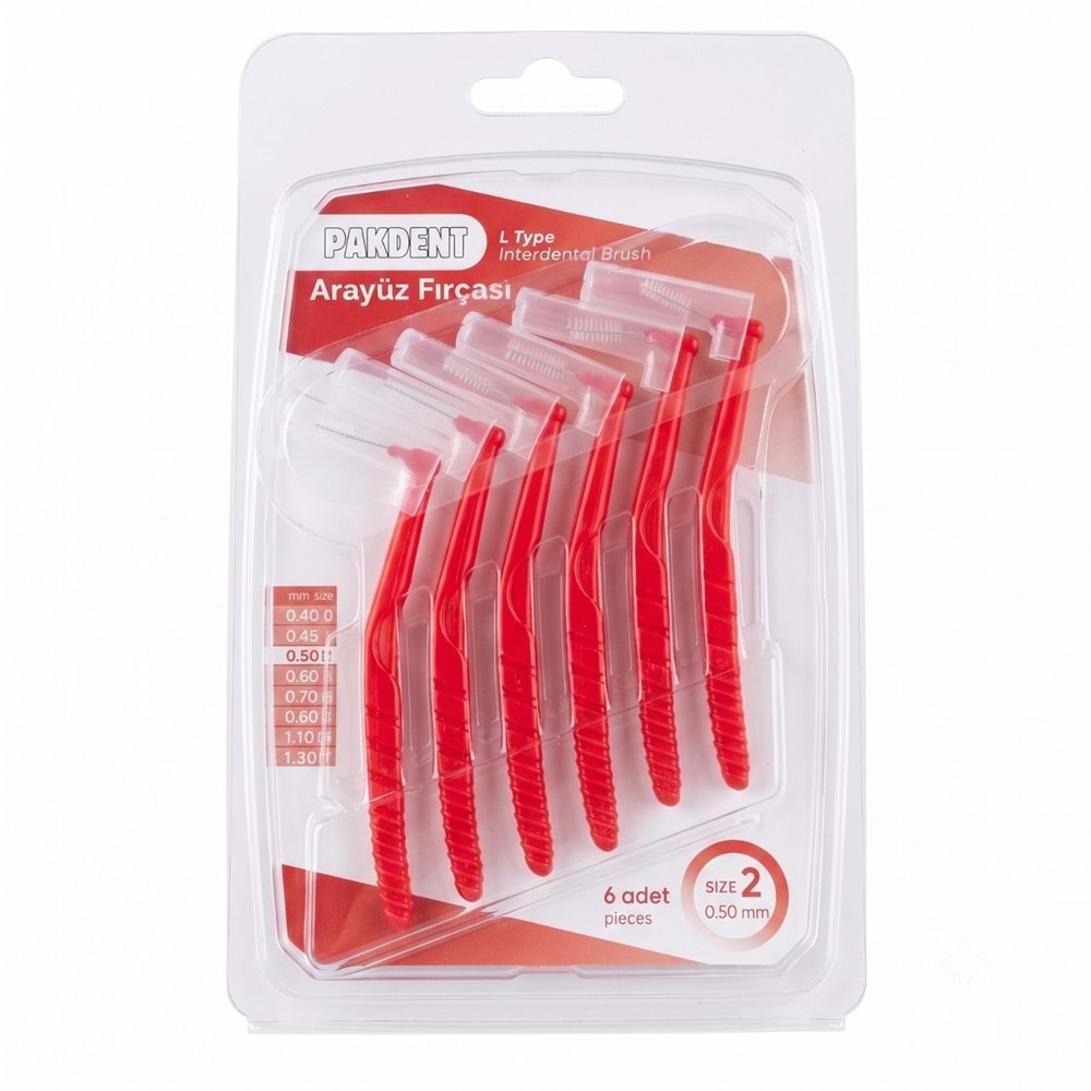 Pakdent Arayüz Fırçası L Type 6Lı Size:2 0.50mm Kırmızı