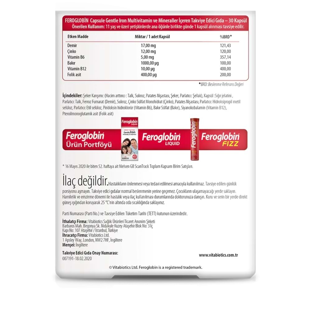 Vitabiotics Feroglobin Gentle İron 30 Kapsül