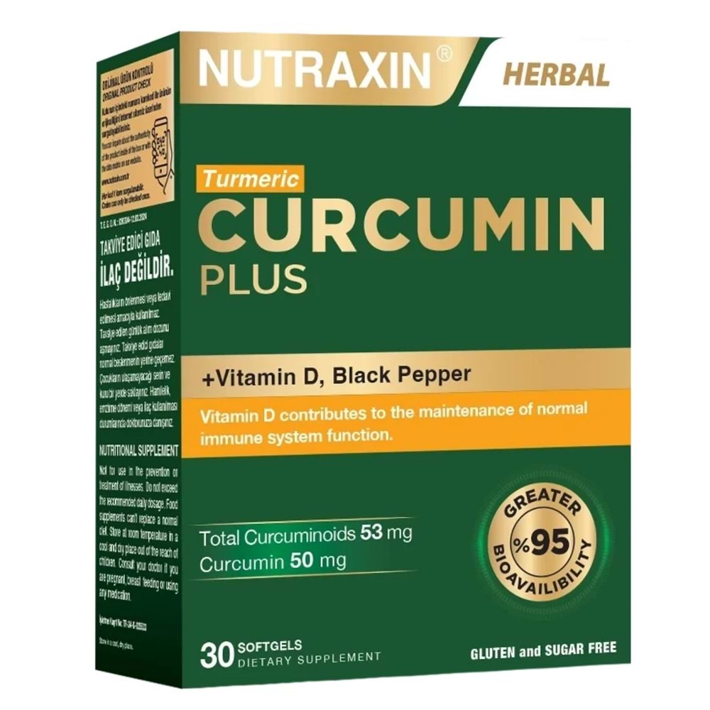 Nutraxin Curcumin Plus Zerdeçal, D Vitamini ve Karabiber içeren Takviye Edici Gıda 30 Kapsül