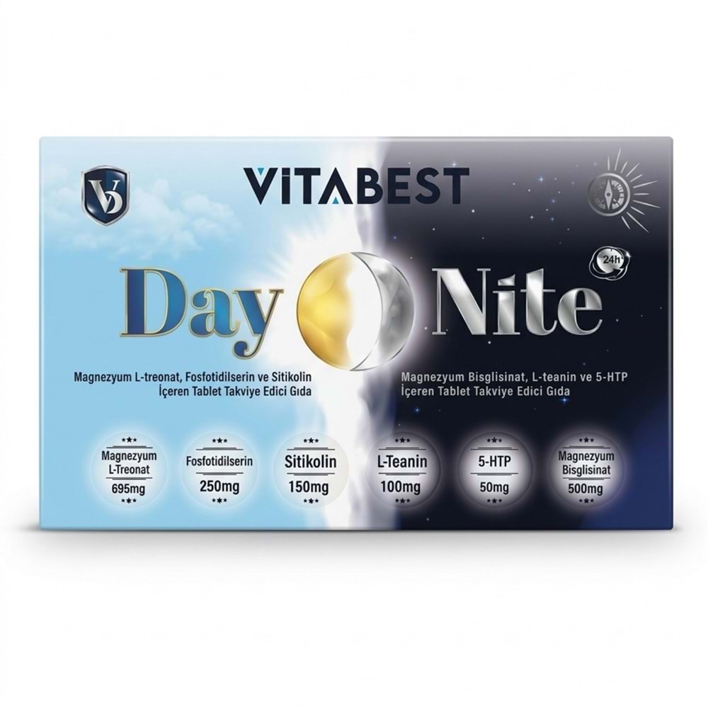 Vitabest Day & Nite Magnezyum, Sitikolin, 5-HTP içeren Takviye Edici Gıda (30 Gündüz + 30 Gece Kapsül)
