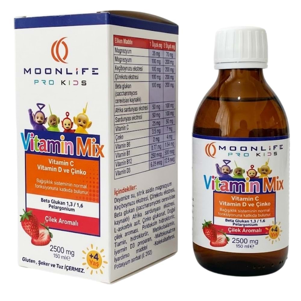 Moonlife Vitamin Mix (Vitamin C, D ve Çinko) Takviye Edici Surup 150 ml, Çilek Aromalı