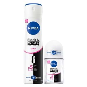 Nivea Deodorant + Roll On Set B&W Invisible Clear Sprey 150 mL + Roll On 25 mL, Woman