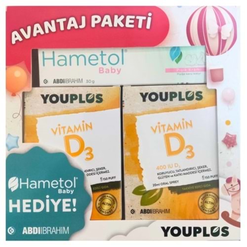 YouPlus Vitamin D3 400IU 20Ml+20Ml Sprey + Hametol Pişik Kremi 30g Hediyeli