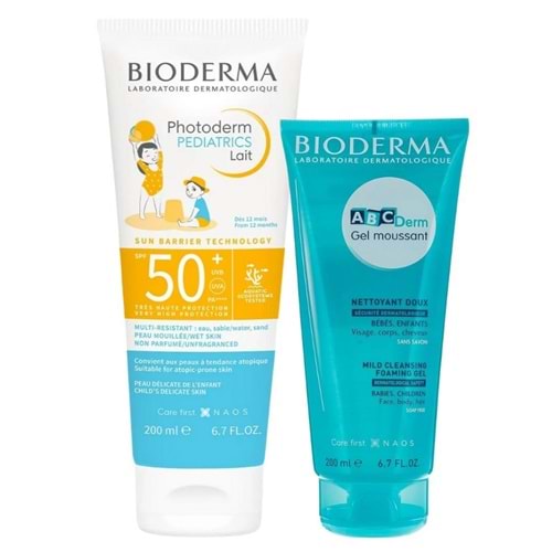 Bioderma Photoderm Pediatrics Lait SPF50+ 200 mL Çocuk Güneş Kremi + ABC Derm Gel Moussant 200 mL Kofre Set