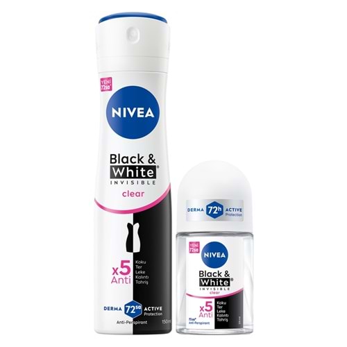 Nivea Deodorant + Roll On Set B&W Invisible Clear Sprey 150 mL + Roll On 25 mL, Woman