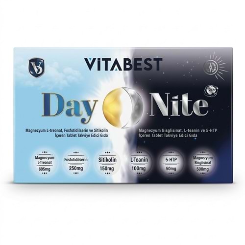 Vitabest Day & Nite Magnezyum, Sitikolin, 5-HTP içeren Takviye Edici Gıda (30 Gündüz + 30 Gece Kapsül)