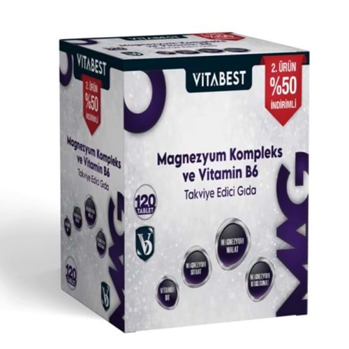 Vitabest Magnezyum Kompleks ve Vitamin B6 Takviye Edici Gıda 120 Tablet