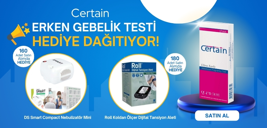 Certain Erken Gebelik Testi alımlarında sağlık dolu hediyeler sizi bekliyor! 160 adet alımda DS Smart Compact Nebülizatör, 180 adet alımda Roll Dijital Tansiyon Aleti hediye. Stoklarla sınırlı bu fırsatı kaçırmayın!
