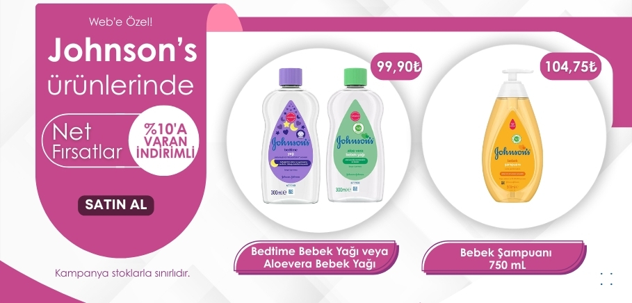Johnson’s bebek şampuanı, yağı, losyonu ve diğer bakım ürünlerinde kaçırılmayacak fırsat! İndirimli net fiyatlarla hemen alışverişe başlayın. Stoklarla sınırlı!