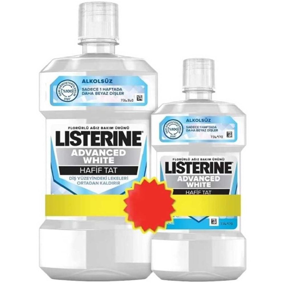 Listerine Advanced White Hafif Tat 500Ml+250Ml Avantajlı Paket Ağız Bakım Suyu